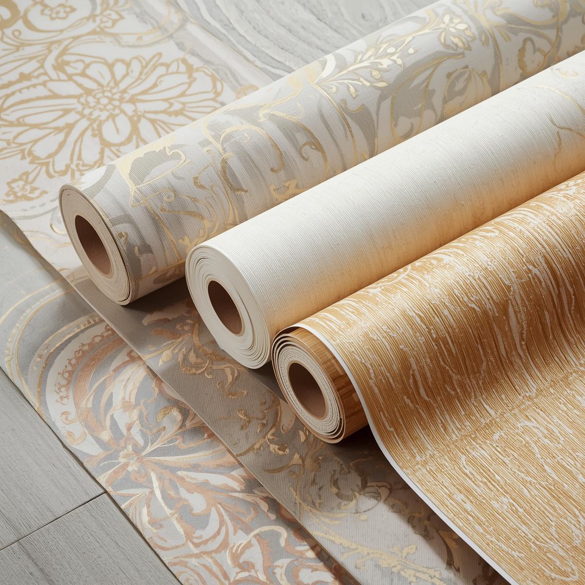 Plusieurs rouleaux de papiers peints depliés design, haut de gamme, luxe et variés. Ambiance lumineuse (4)